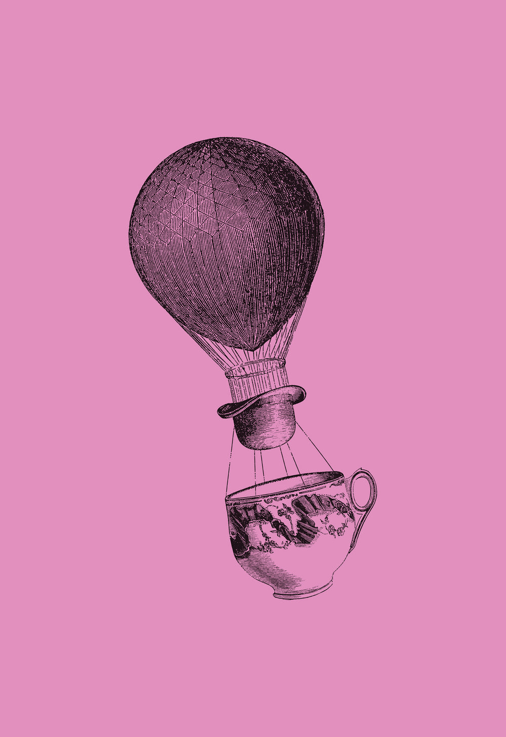 Detailed drawing of cup of tea being lifted by a hot air balloon on a pink background.