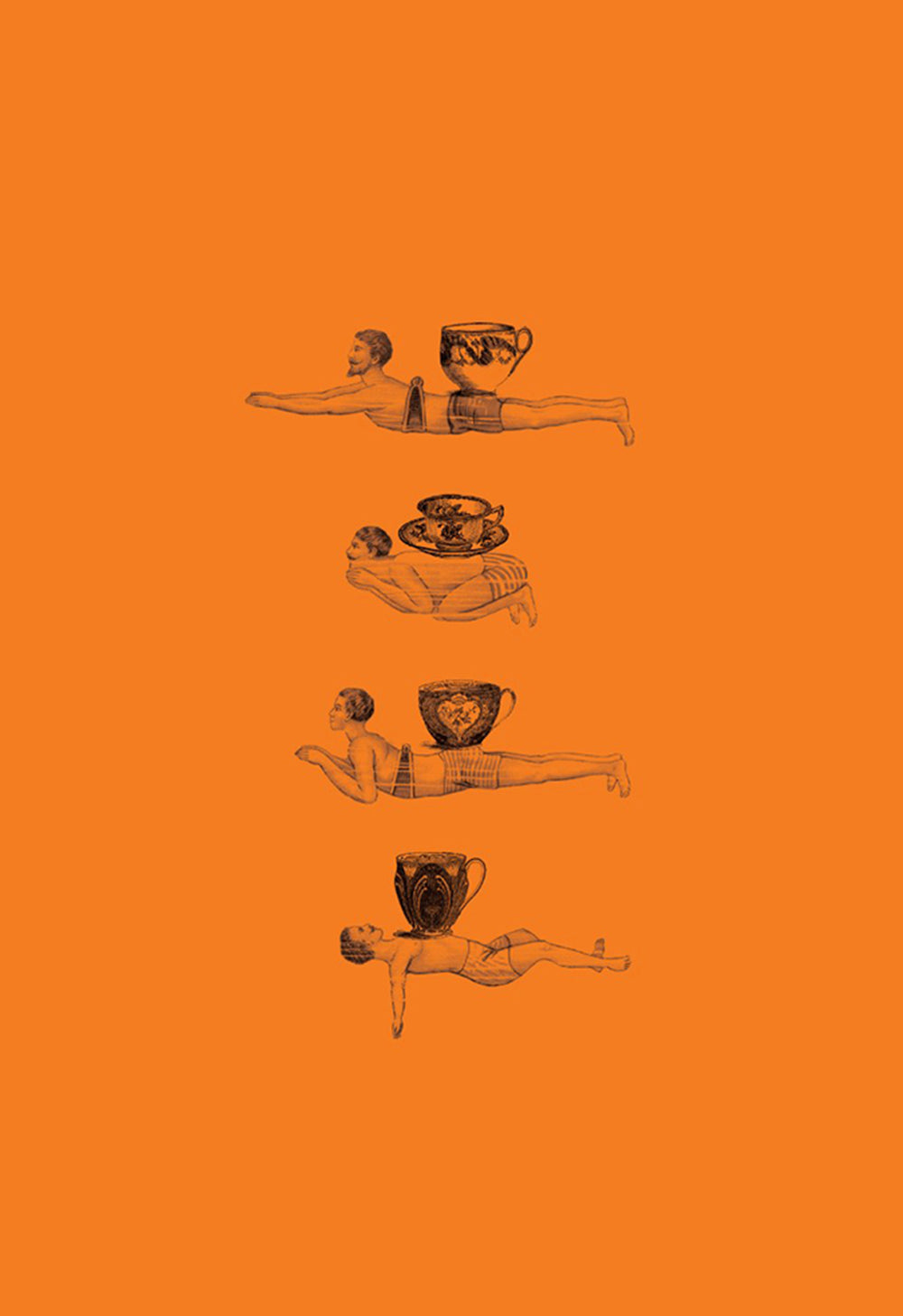 Drawing of four people laying down with cups of tea on their backs or stomach on an orange background.