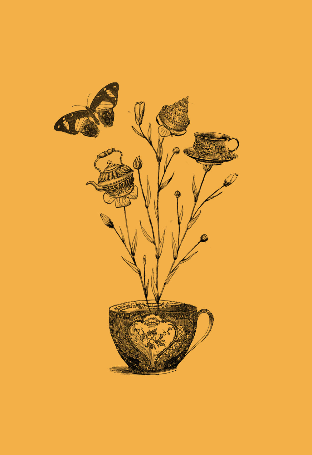 Detailed drawing of a cup of tea with branches coming out of the cup with butterflies on a yellow background